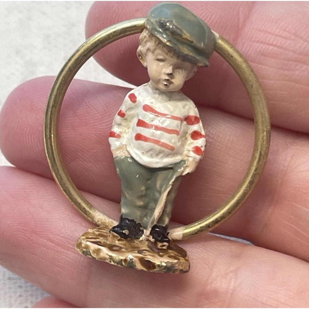 Vintage Fran Mar Moppets Boy Cap "I Love You" Stick Enamel Gold Tone Brooch Pin